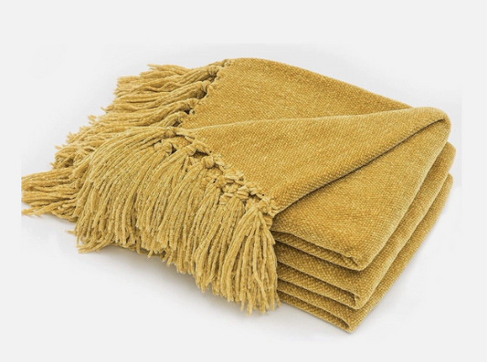 RECYCO Throw Blanket Soft Cozy Chenille Mustard Yellow 50”x 60”