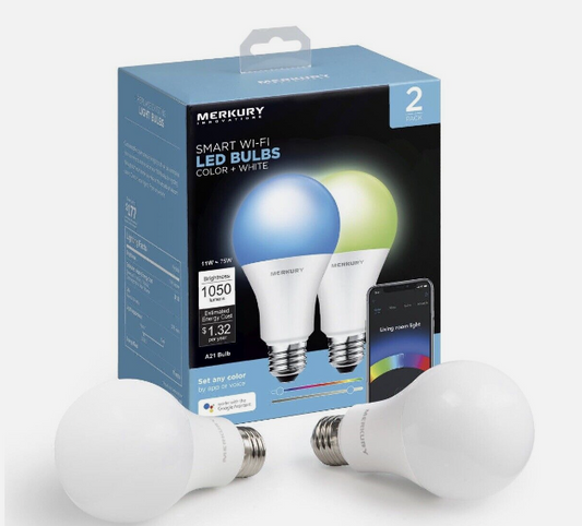 Merkury Innovations Smart Wi-Fi LED Bulbs Color + White (2-PACK) A21 Brand New