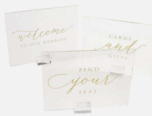 Set of 3 Clear & Gold Acrylic Wedding Signs