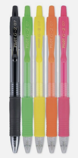 Pilot G2 Neons Retractable Gel Ink Pens in Black, Green, Yellow, Orange & Pink 5